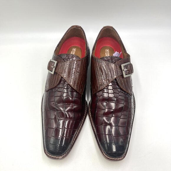 Stacy Adams Mens Size 9 Burgundy Brown Leather Croc Gator Monk Strap Dress Shoes - Picture 3 of 13